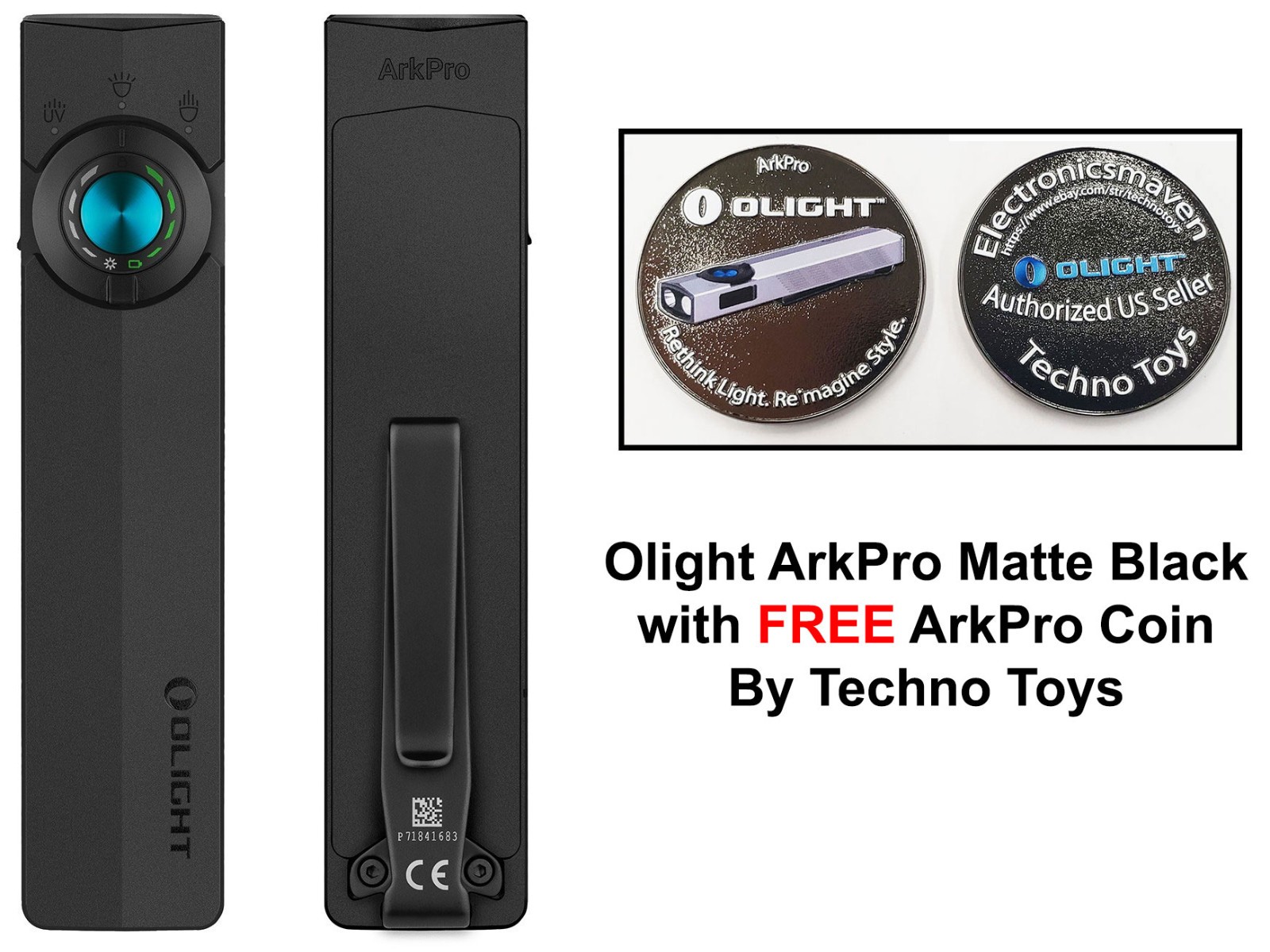Olight ArkPro Class 3R Matte Black CW, 1500 Lu, 4 Lights, 7-Config, FREE Coin