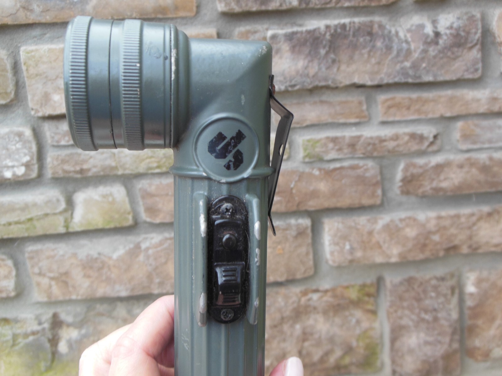 Vintage Military Army Olive Drab Green Flashlight Metal Boy Scouts Angle