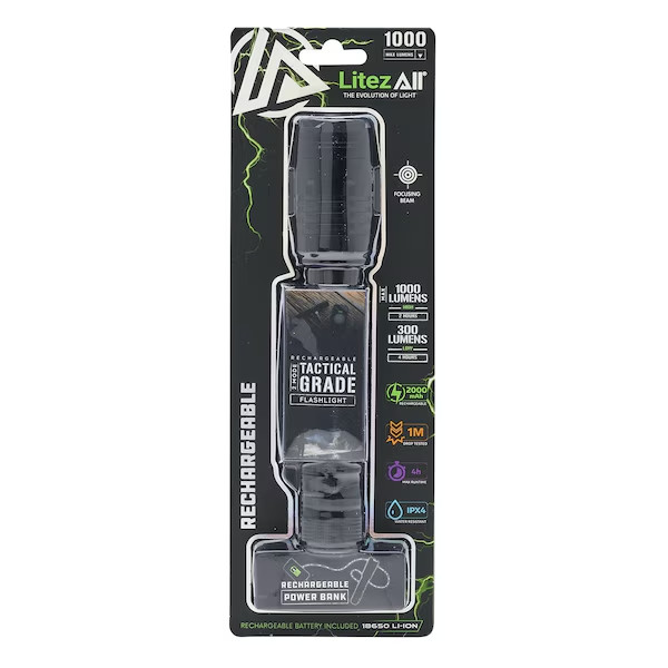 LitezAll 1000 Lumen Tactical Flashlight | Rechargeable Power Bank | Aircraft Alu