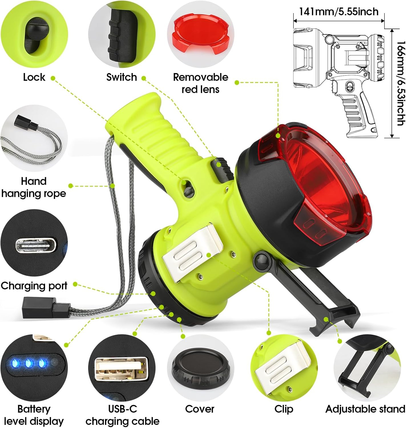 Rechargeable Spotlight Flashlight with 1000,000 High Lumen LED, Waterproof Handh