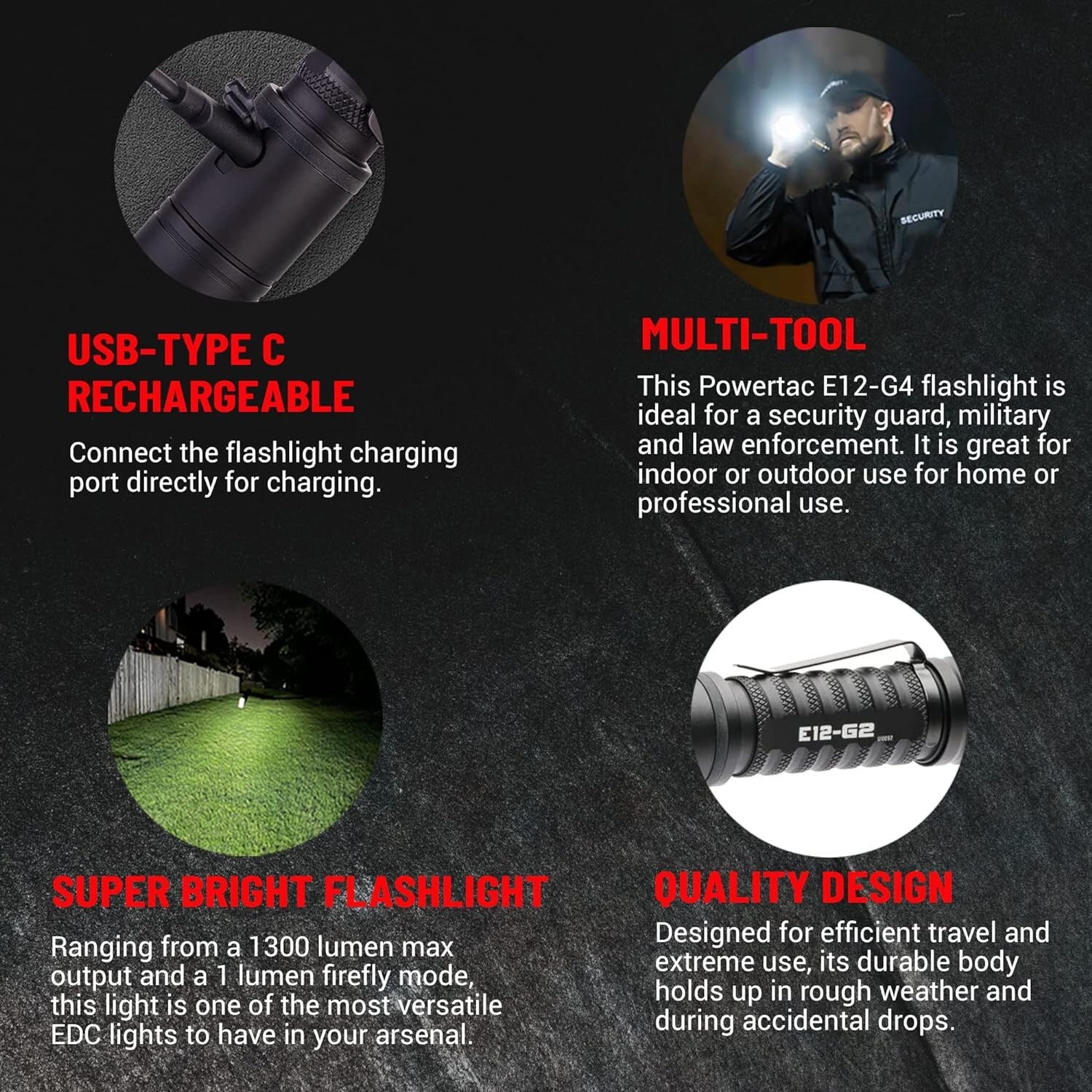 Powertac E12-G2 EDC Tactical LED Flashlight -1300 Lumen w/Type C Charging