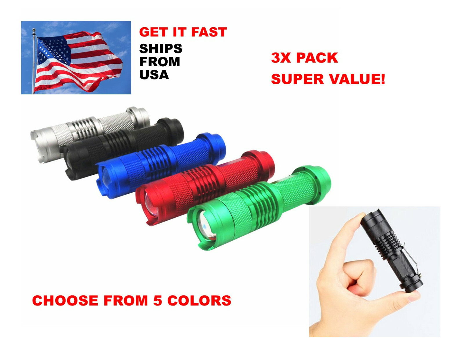 3Pack Mini CREE Mini Tactical Flashlight Focus Adjustable – Choose Color