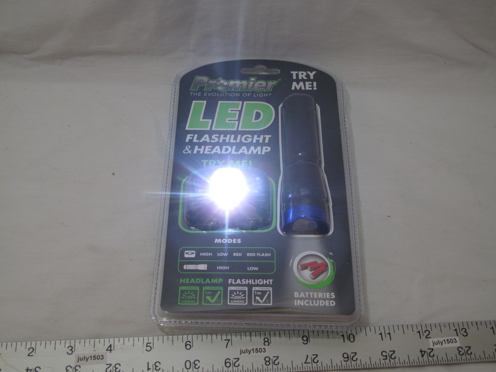 NEW 2-pc Promier Flashlight + Head Lamp Set High Low Red Steady Flashing