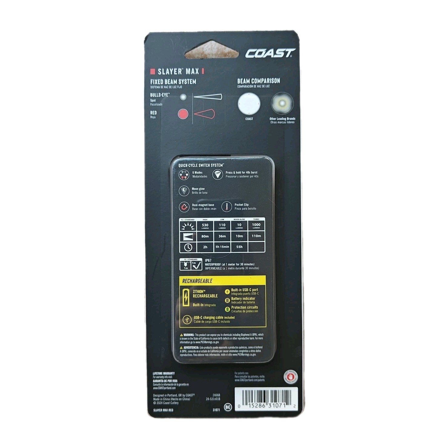 New! Coast Slayer Max 1000 Lumen Rechargeable LED Flashlight w/ Built-In Battery