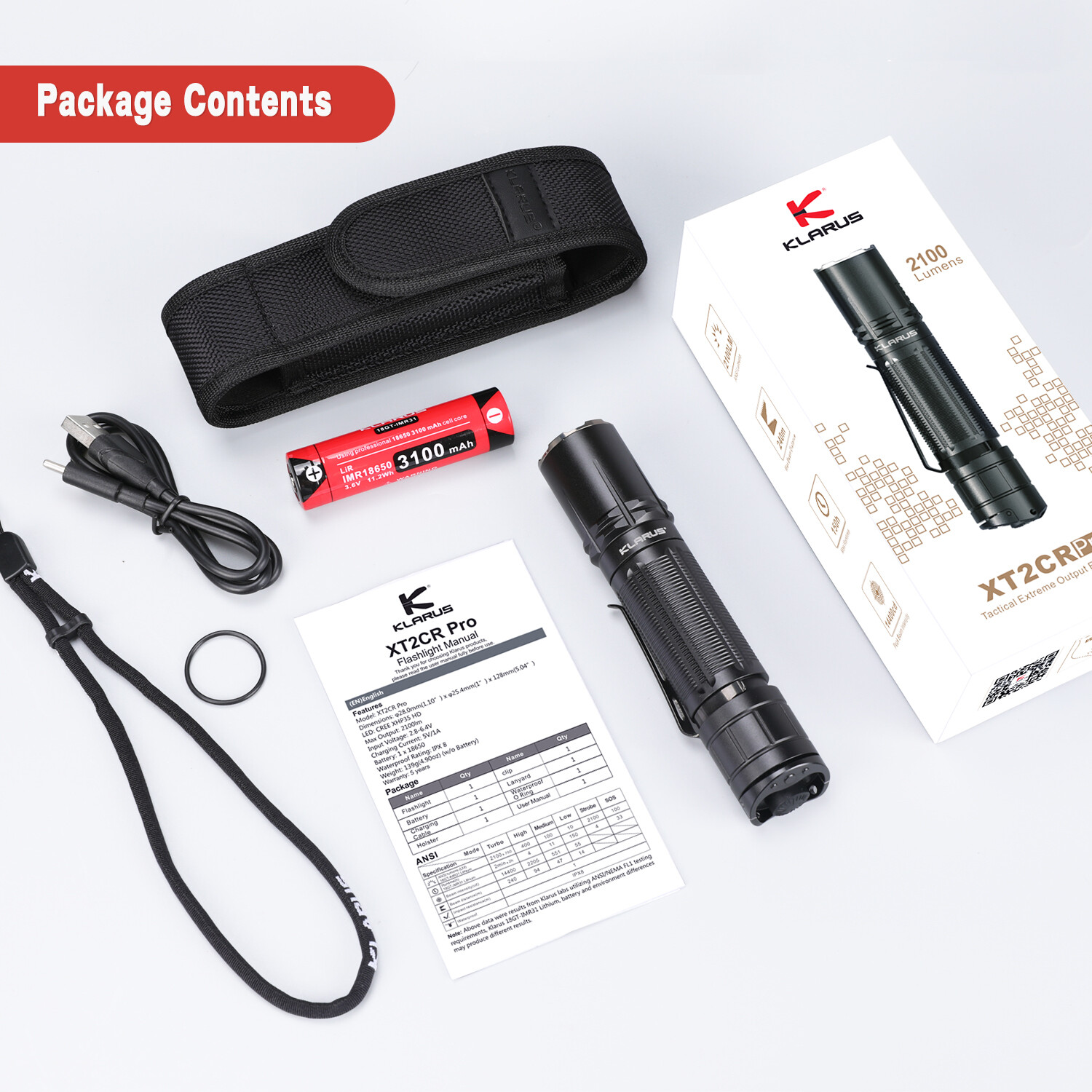 KLARUS XT2CR Pro LED 2100 Lumens USB-C Rechargeable Flashlight Torch