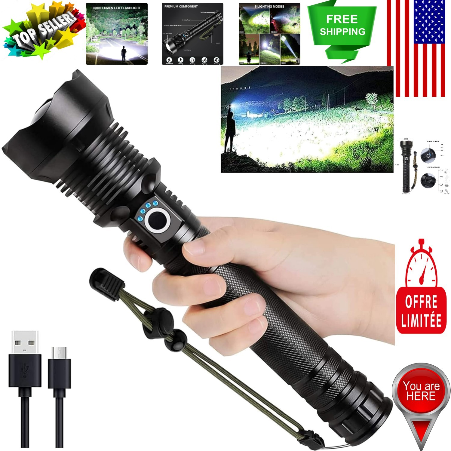 90,000 Lumens Rechargeable LED Flashlight – Waterproof & 5 Modes for Emergencies