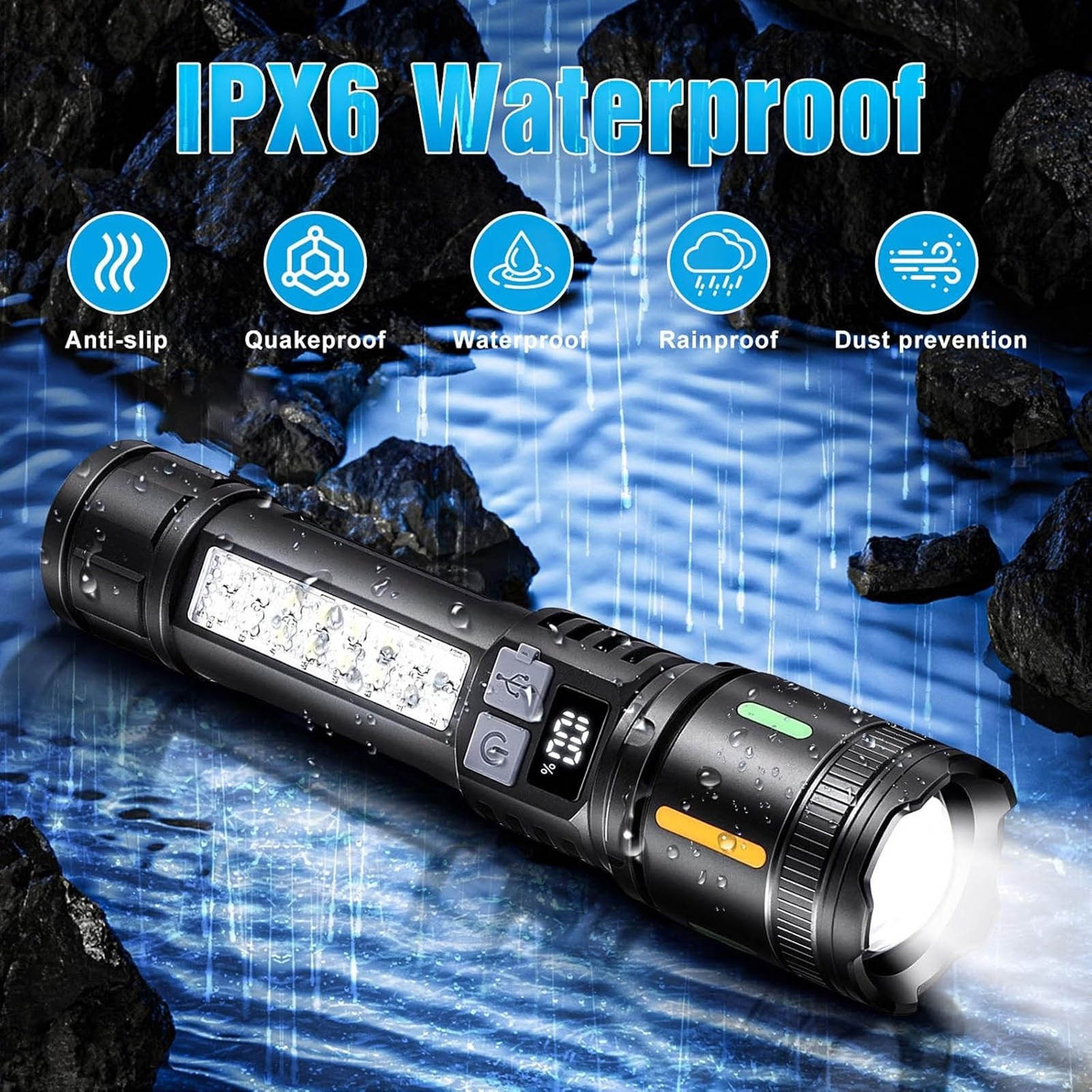 Rechargeable 3000 Lumens Flashlight IPX6 Waterproof for Camping Hiking Fishing