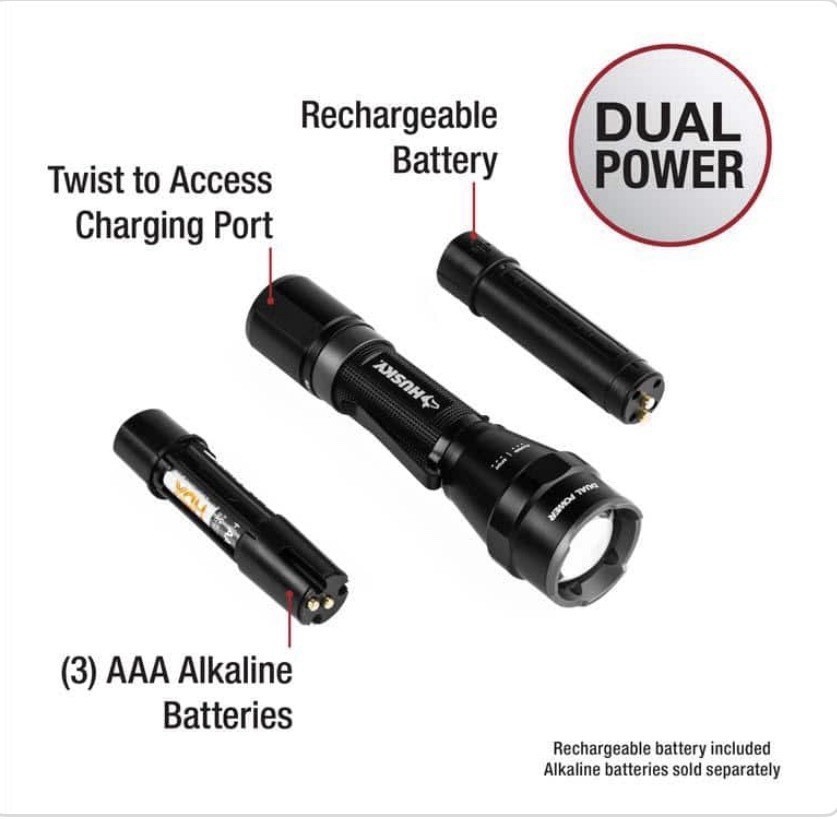 Rechargeable Flashlight Husky 1800 Lumens Dual PowerLED Tactical Focusing Qty:1
