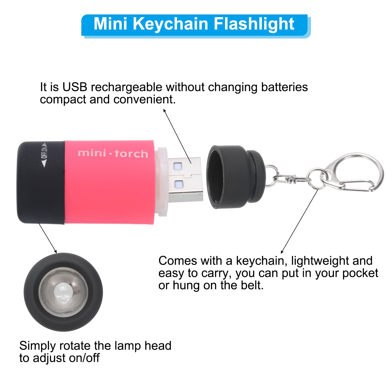 Mini Keychain Flashlight, LED Flashlight Torch USB Rechargeable, Pink