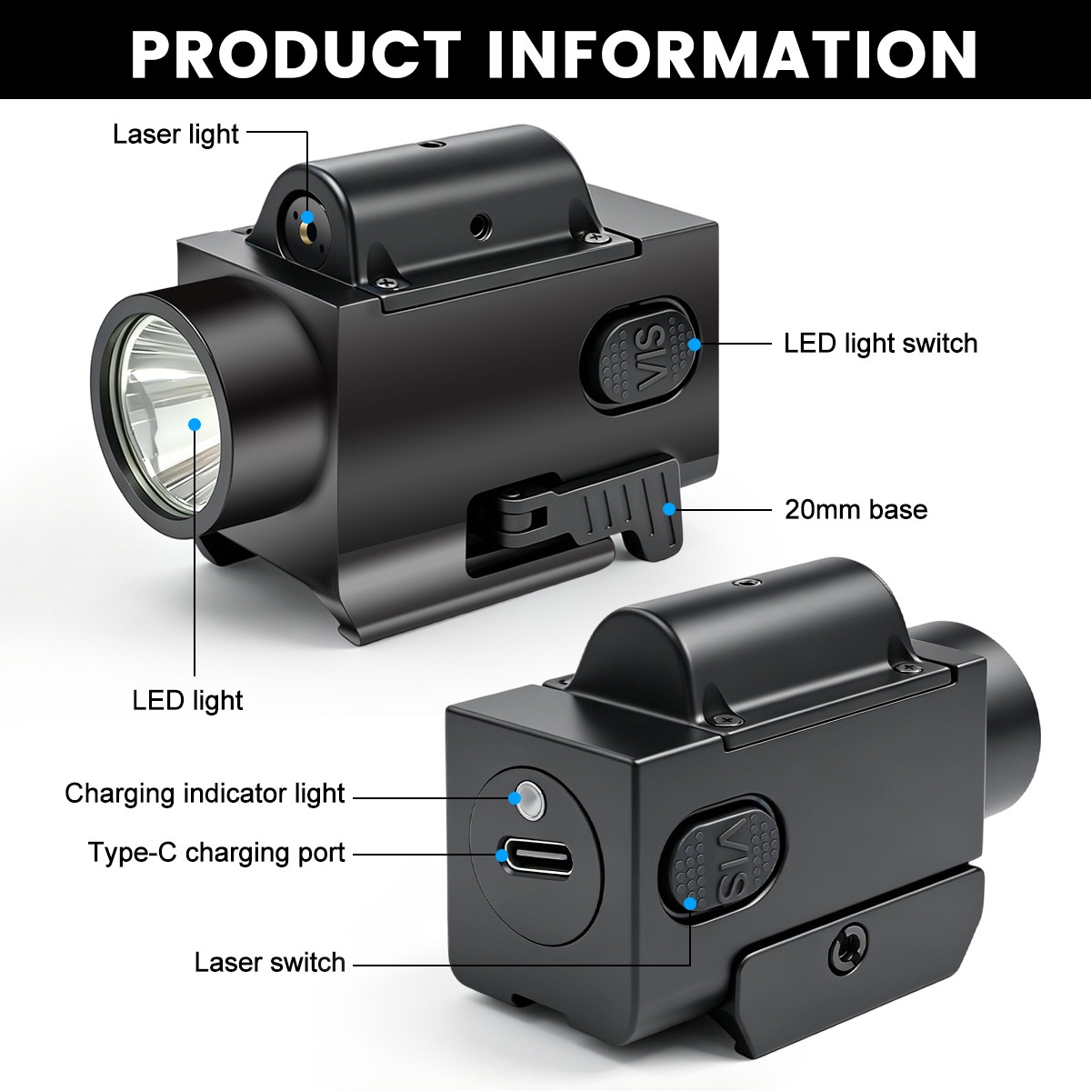 Mini LED Flashlight Light & Blue/Green/Red Laser Sight Combo USB Type-C Charging