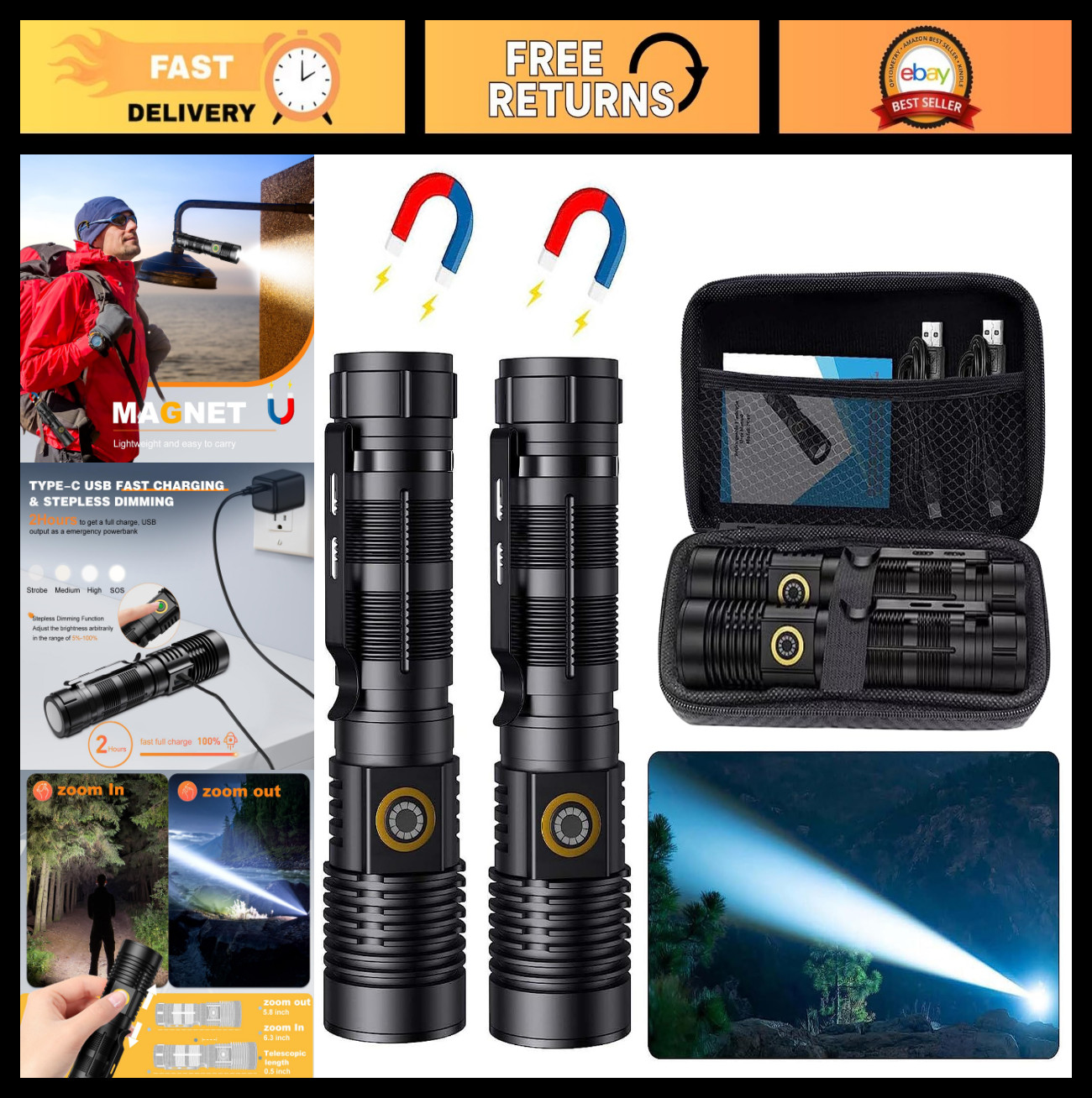 Super Bright Rechargeable Tactical Flashlight – 1500m Long Beam, USB Zoomable, 5