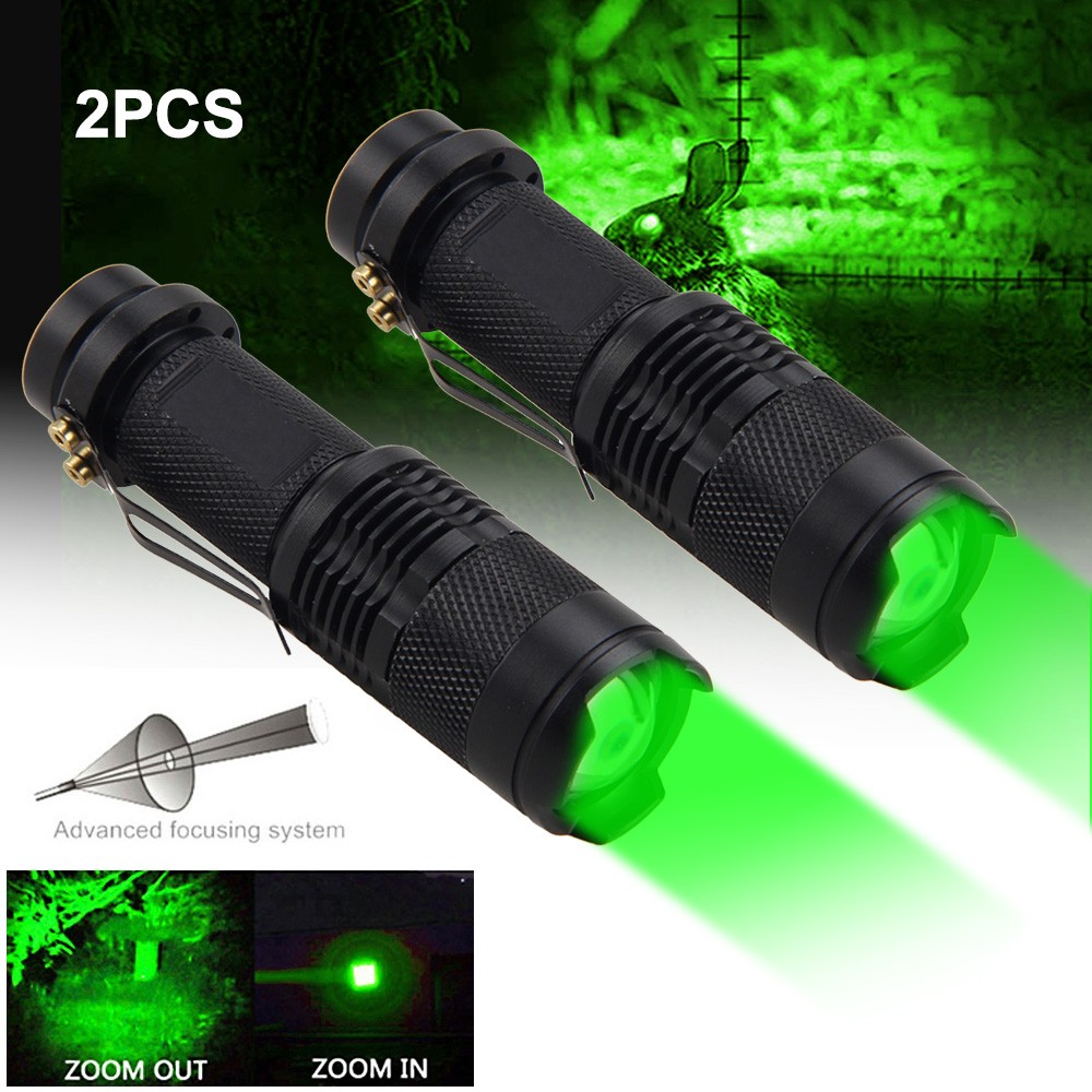 2PCS Green Light LED Flashlight Zoom Focus Torch Astronomy Night Vision Lamp