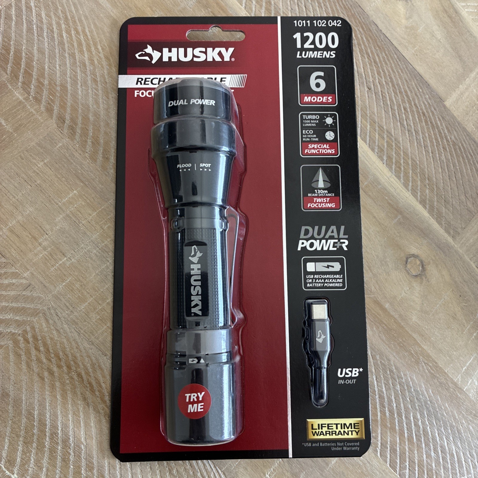 Husky 1200 Lumens 6 Modes Dual Power LED Rechargeable Focusing Flashlight