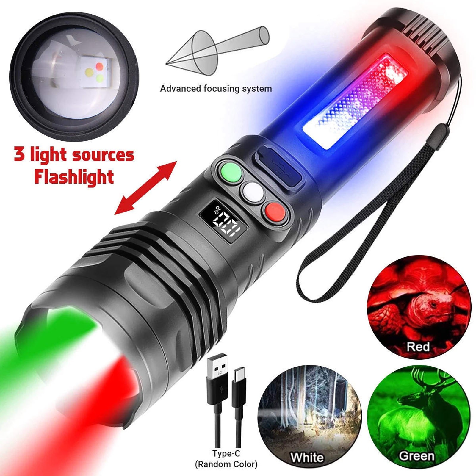 Tactical Flashlight Rechargeable 3 Color LED 1200mAh Type C USB Zoomable Light