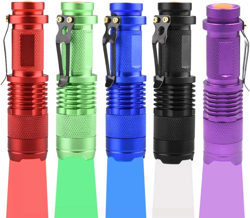 Pack of 5 Multicolored 3-Mode Flashlight: Red,Green Blue 395 UV White LED Light