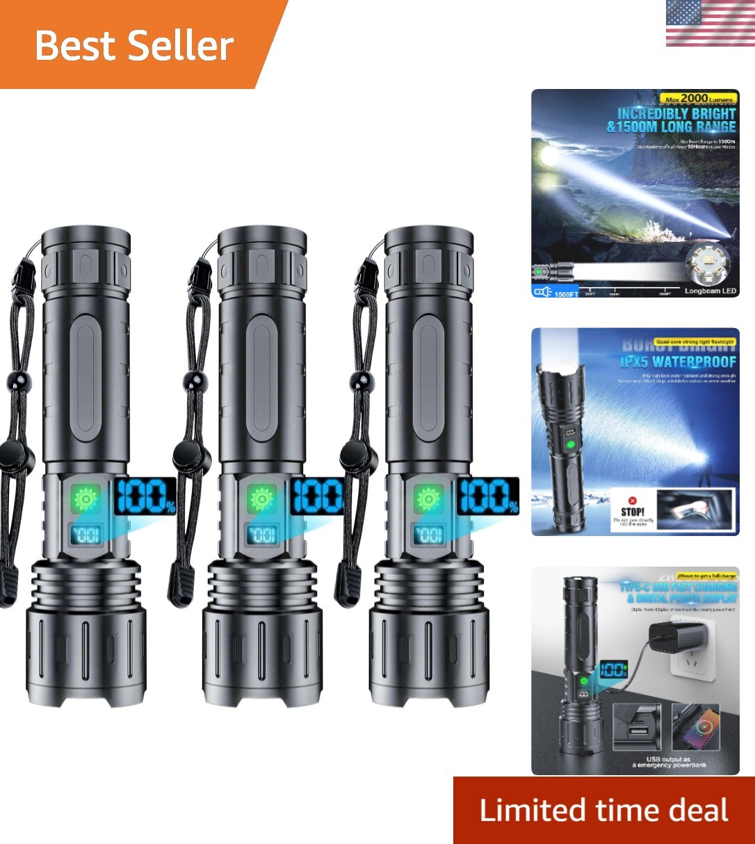 Three-Pack 2000 Lumen Tactical LED Flashlights with USB Charging & Power Display