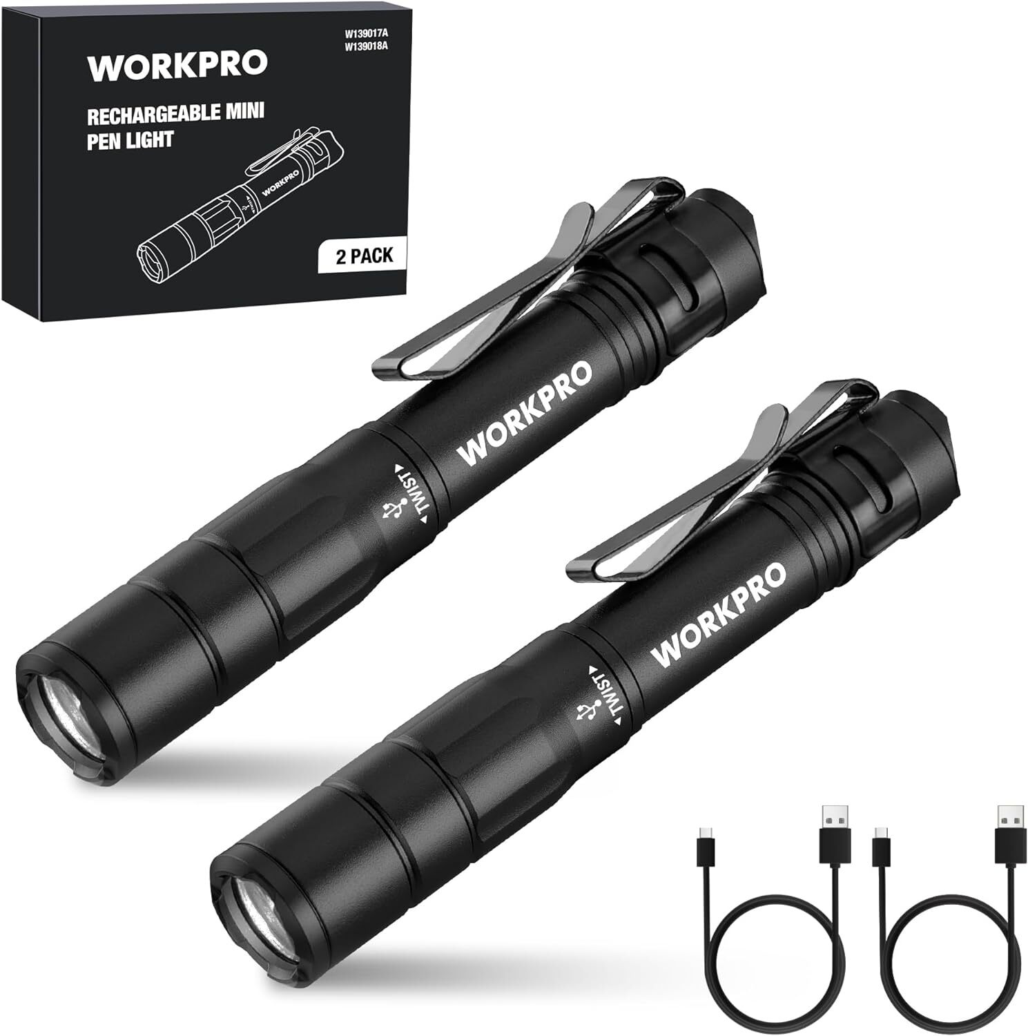 WORKPRO Mini Rechargeable Pen Light Flashlight 2PCS Ultra-Compact EDC Flashlight