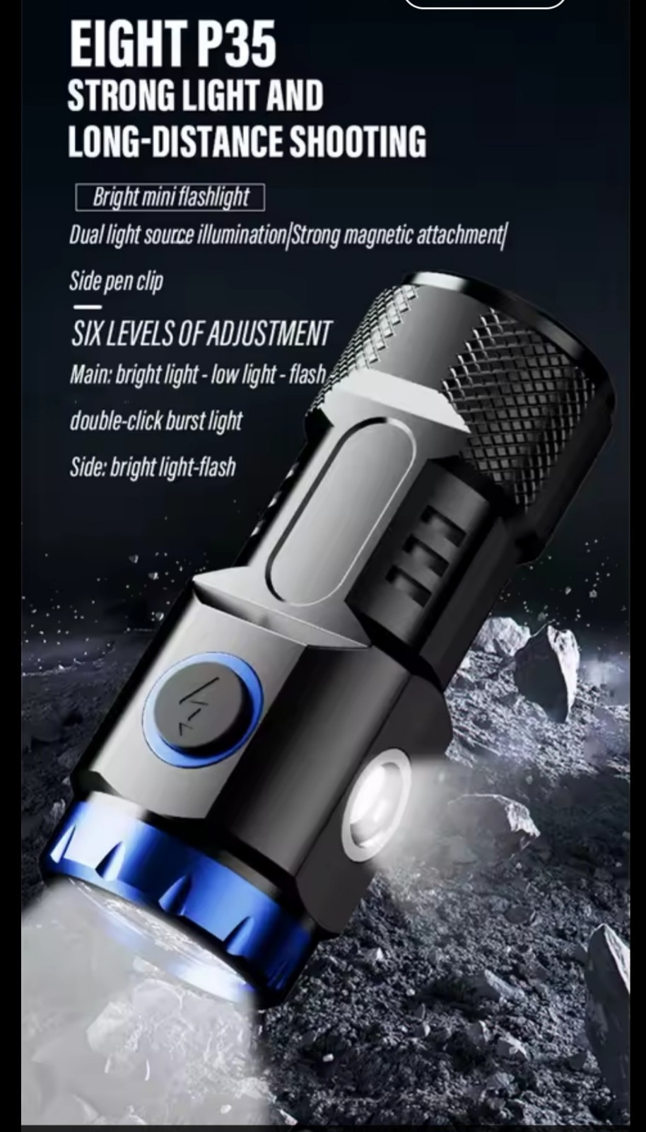 Mini LED Flashlight EDC Camping Light + Magnetic Base + Side Lights & Lampshade