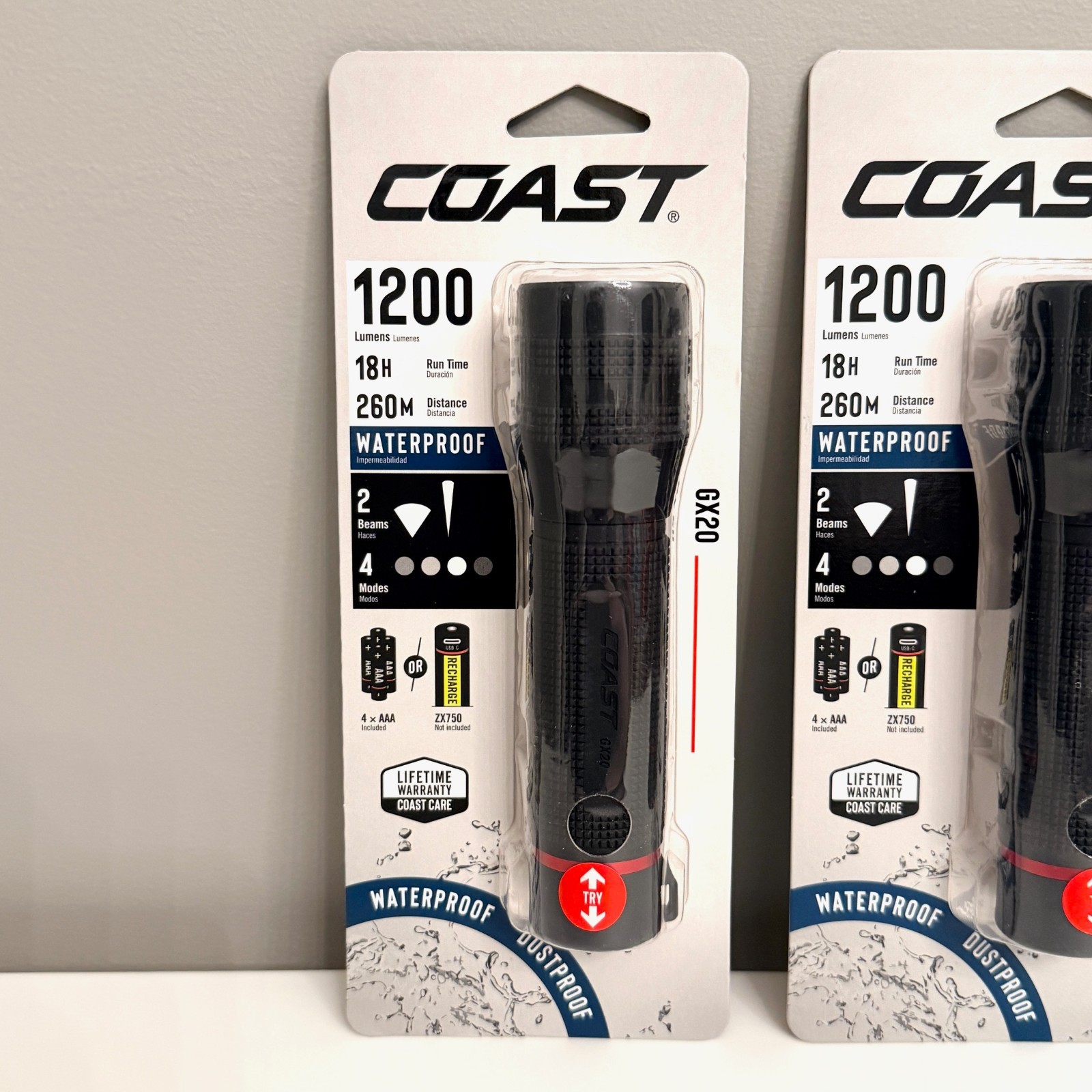 COAST GX20 WATERPROOF 1200 LUMEN DUAL POWER LED RECHARGABLE FLASHLIGHTS LOT X2