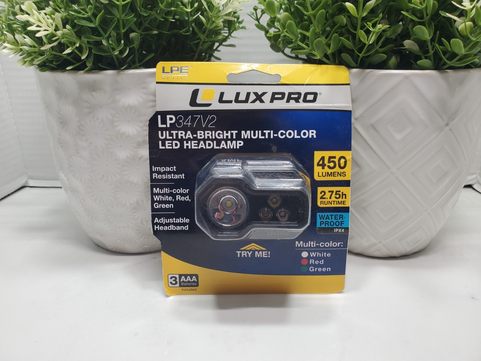 LUXPRO LED Headlamp Flashlight Ultra Bright Multi Color 450 Lumens + Batteries
