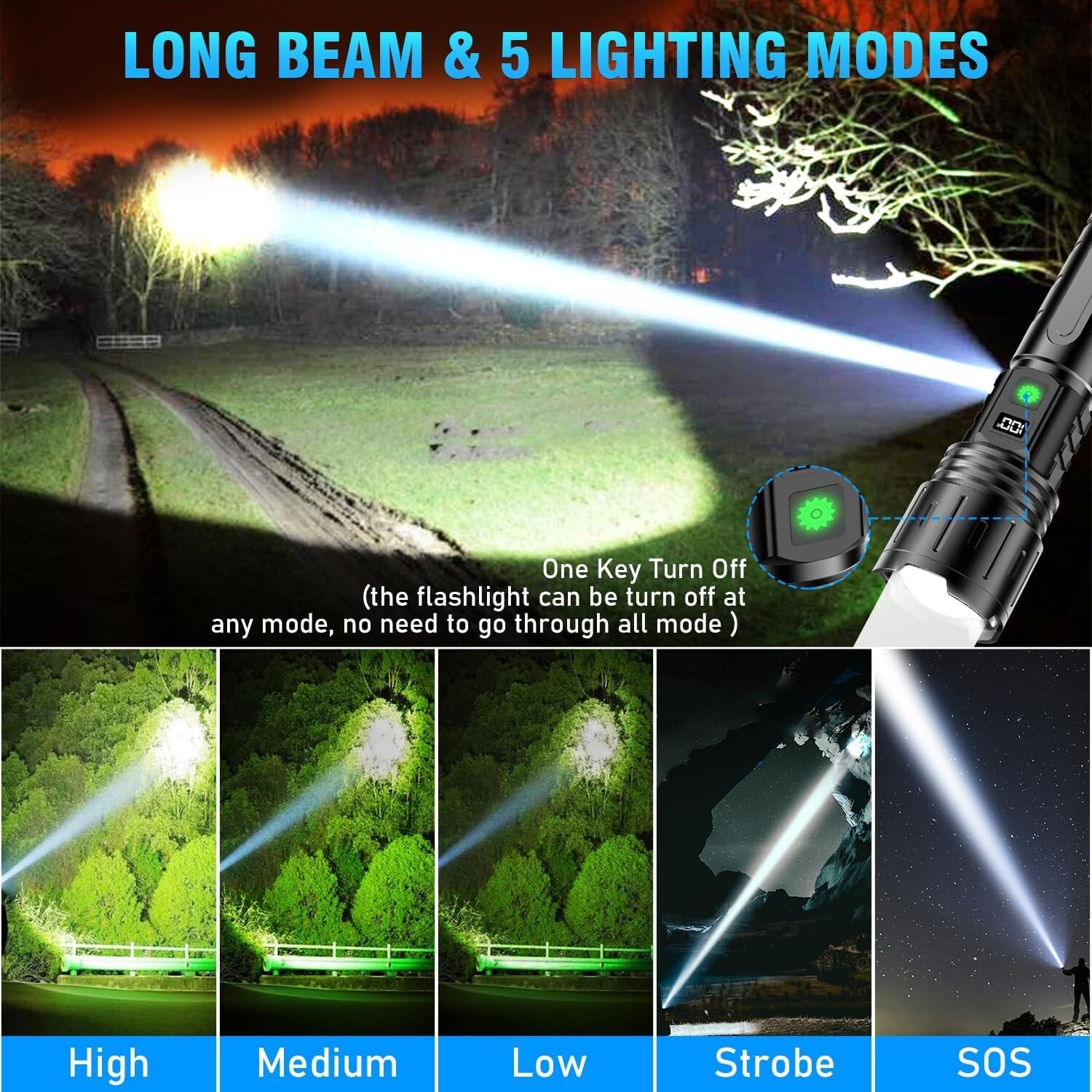 Three-Pack 2000 Lumen Tactical LED Flashlights with USB Charging & Power Display