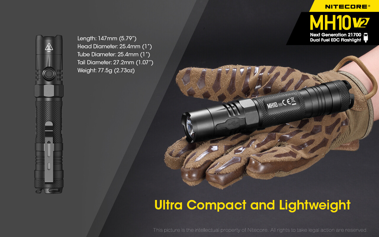 NITECORE MH10 V2 LED 1200 Lumens USB-C Rechargeable Flashlight Torch