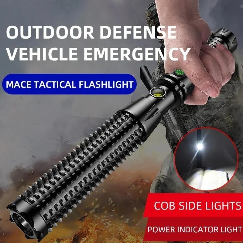 Rechargeable Tactical Flashlight Long Handle Self Defense Torch Window Breaker