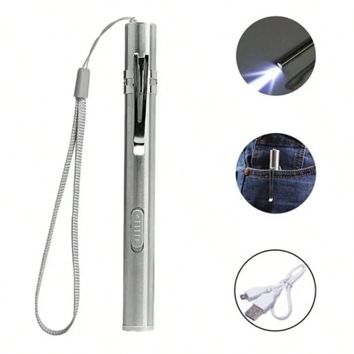 LED USB RECHARGEABLE MINI FLASHLIGHT Stainless Steel Pen Light 1000 Lumens