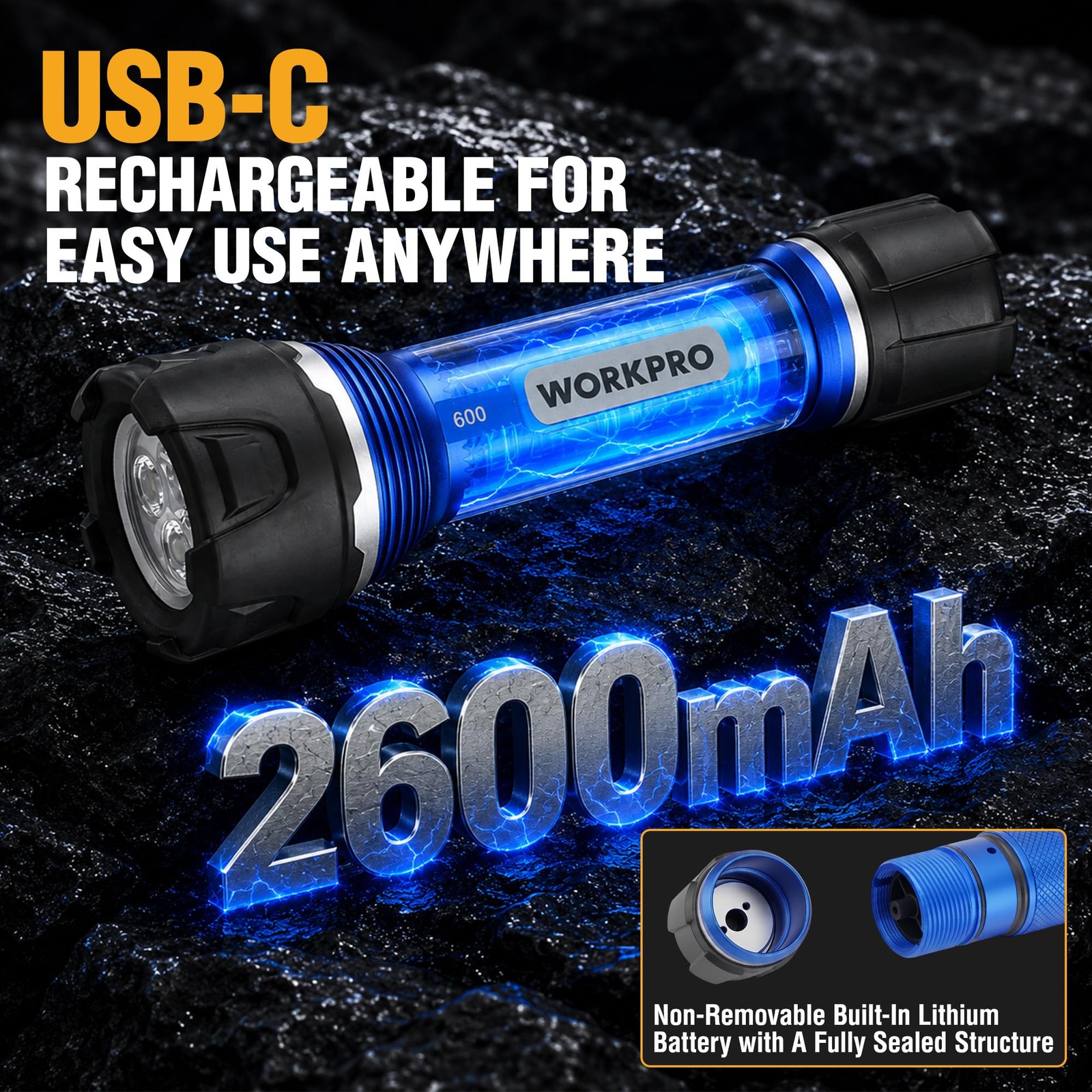 WORKPRO Rechargeable Flashlight High Lumens, IPX7 Aluminum Flash Light | Super B
