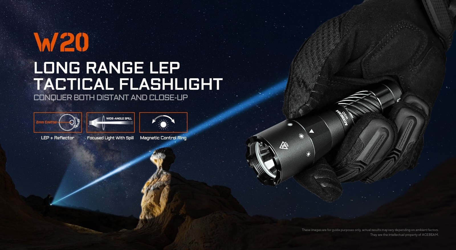 Acebeam W20 LEP Tactical Flashlight 600 Lumen 1100m Throw Wide Angle Spill