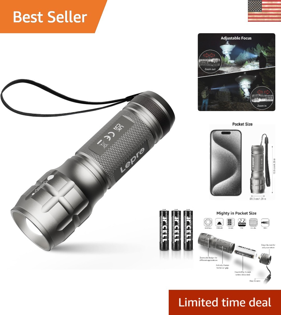 Ultra-Bright Small LED Flashlight with Adjustable Focus – Includes AAA Batteries