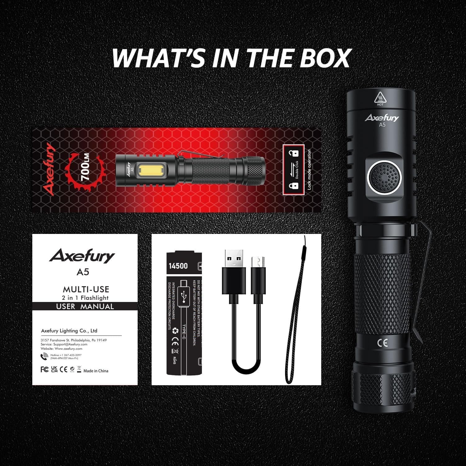 Axefury A5 Multi-Use Flashlight 700LM USB-C Rechargeable 14500 Battery Included