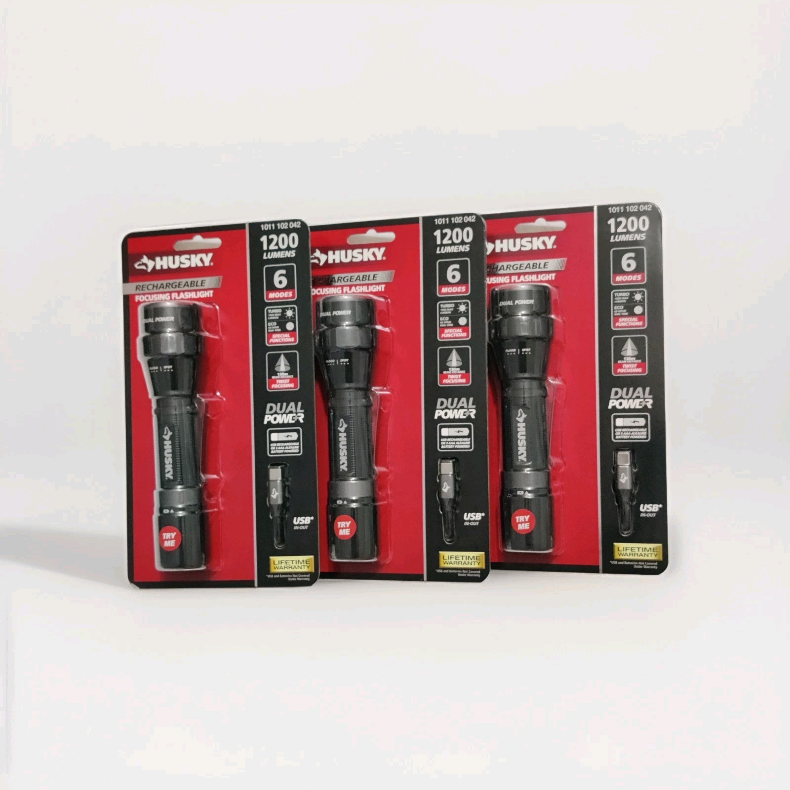 3- Pack Husky 1200 Lumens Dual Power Rechargeable LED Flashlight – USB-C ,,