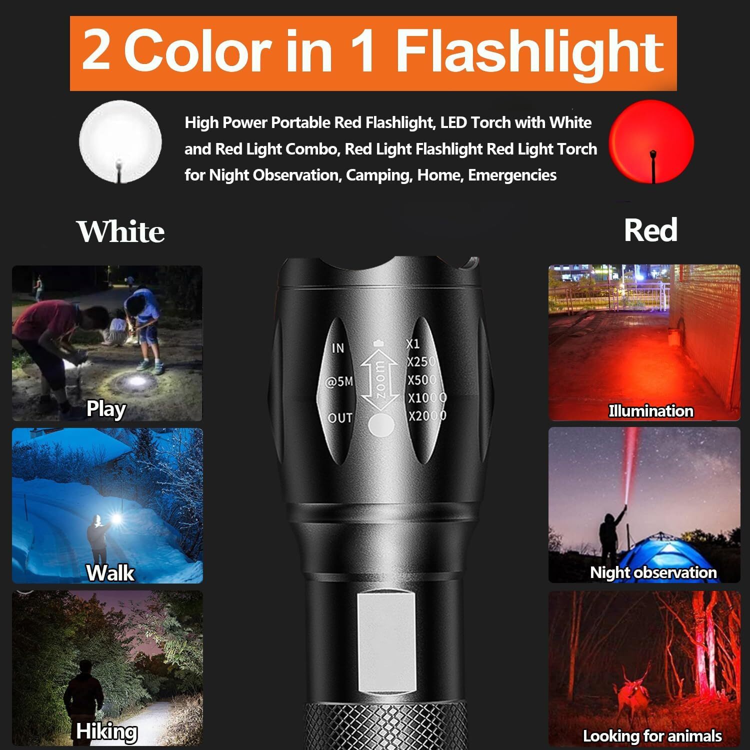2 IN 1 White Light&Red Light LED Flashlight Zoomable Torch Built-in Battery