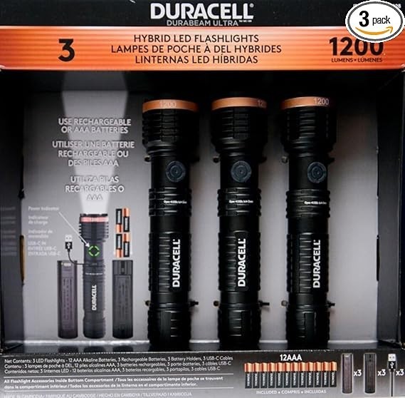 DURACELL Durabeam Ultra Hybrid LED Flashlights, 1200 Lumens, Set of 3,