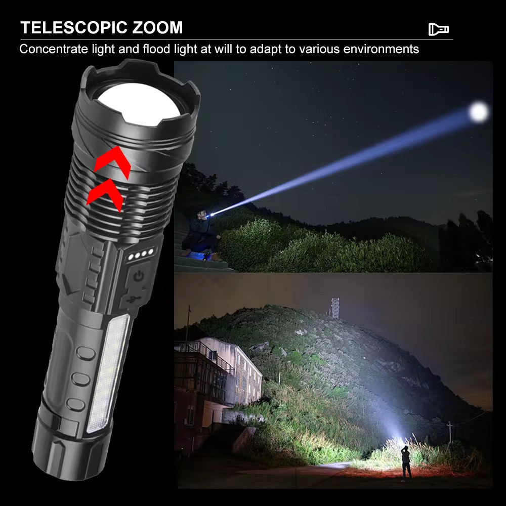 2x 12000000LM Super Bright Telescopic Zoom Flashlight Rechargeable 3Color Light