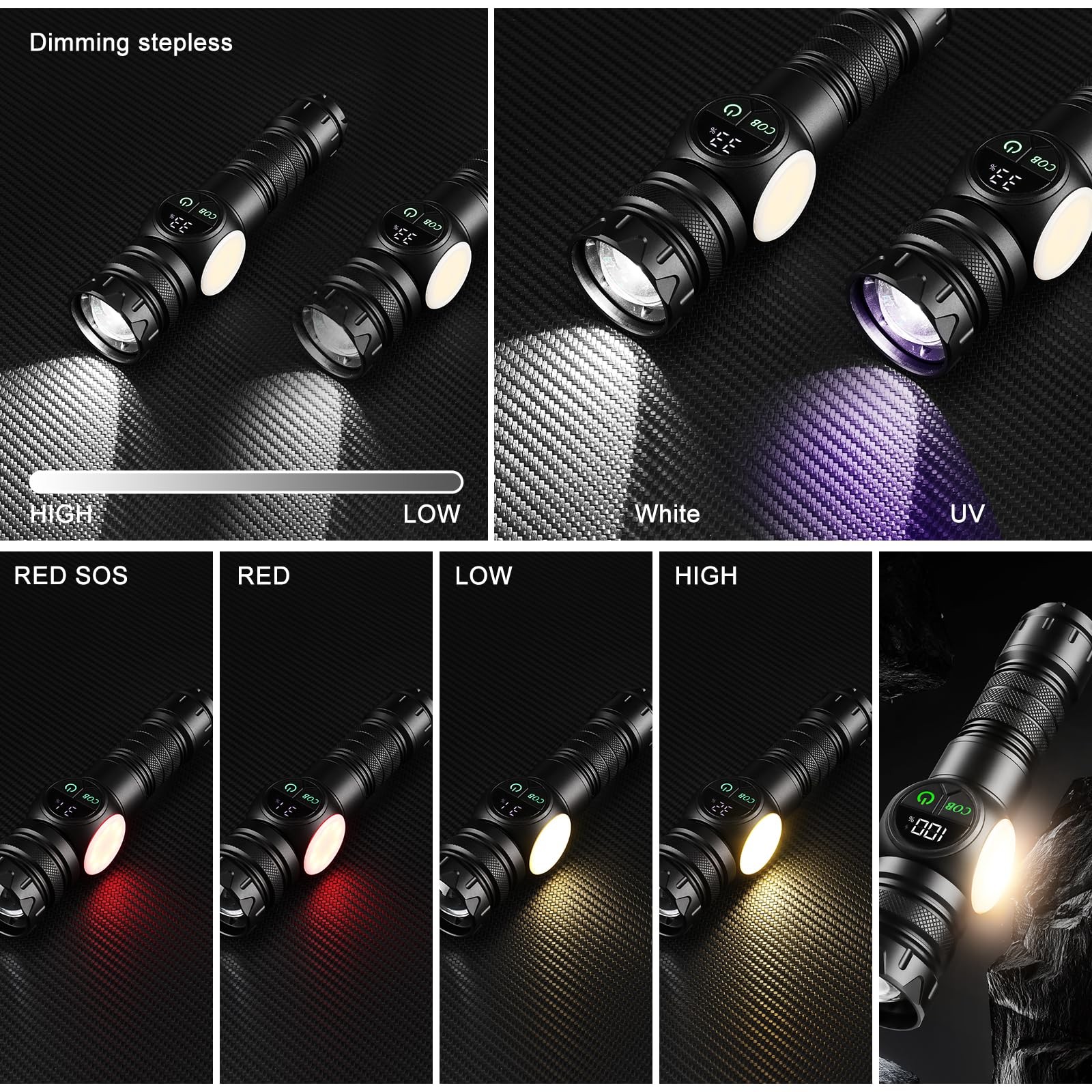 4 in 1 Rechargeable 6500K / 395nm UV Flashlight Dimming Stepless True 5000 Lu…