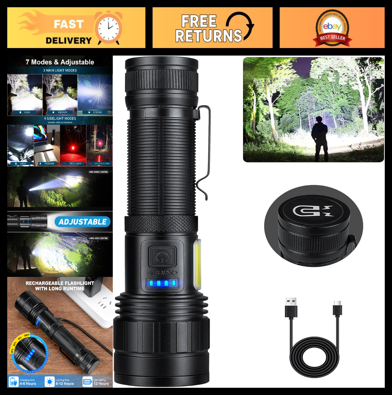 High Lumen Rechargeable Flashlight, 90000 Lumens, 7 Modes, Magnetic, LED Work Li