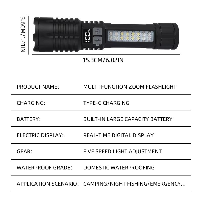 LED Flashlight Type-C Rechargeable Waterproof Torch with COB Side Light Zoom
