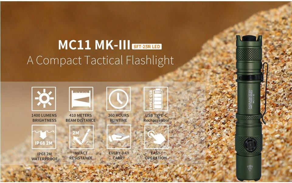 Manker Light MC11-III Dual Switch Tactical Flashlight 1400Lumen SFT25R-LED Green