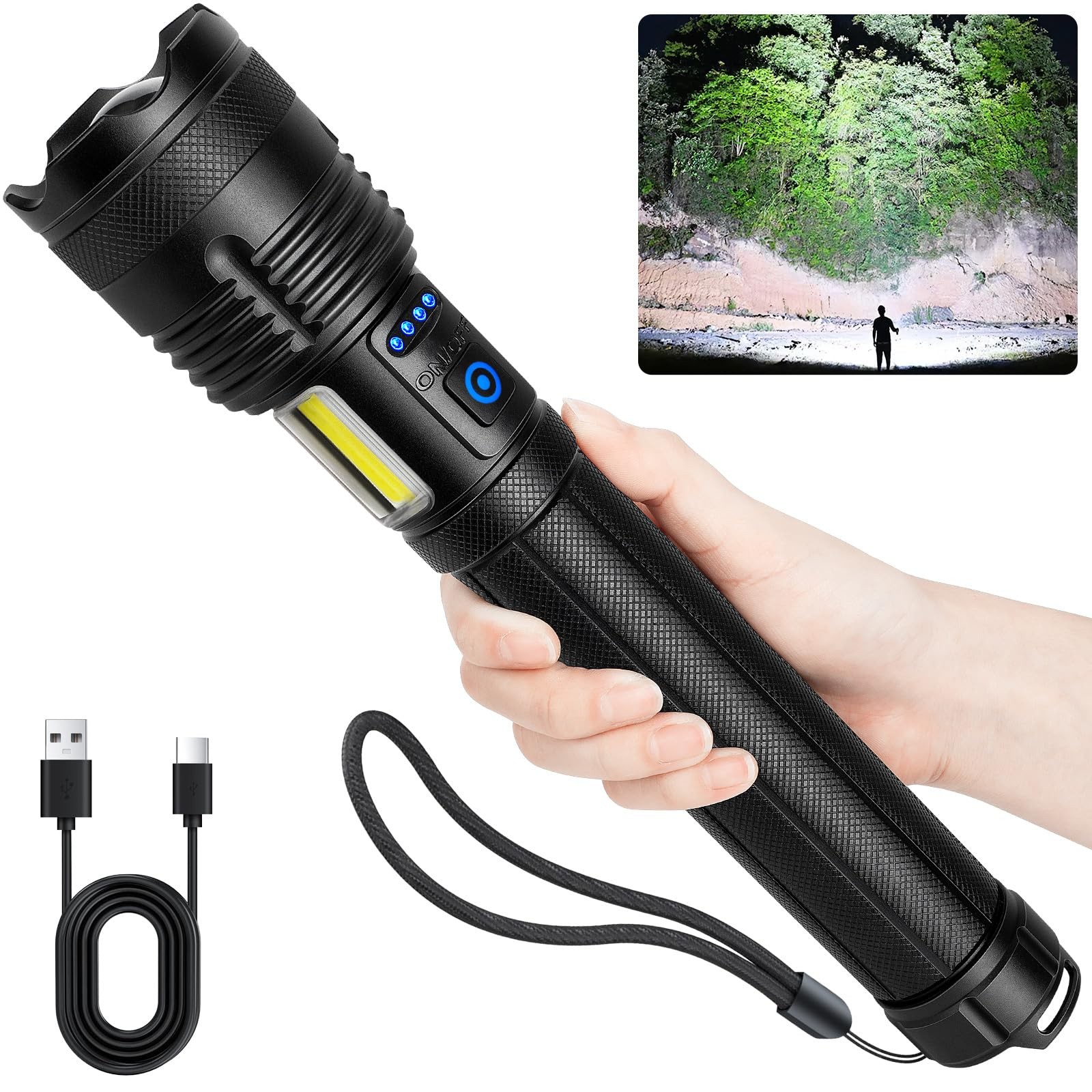 Rechargeable 90000 Lumen Flashlight, Cob Light, 7 Modes, IPX7 Waterproof