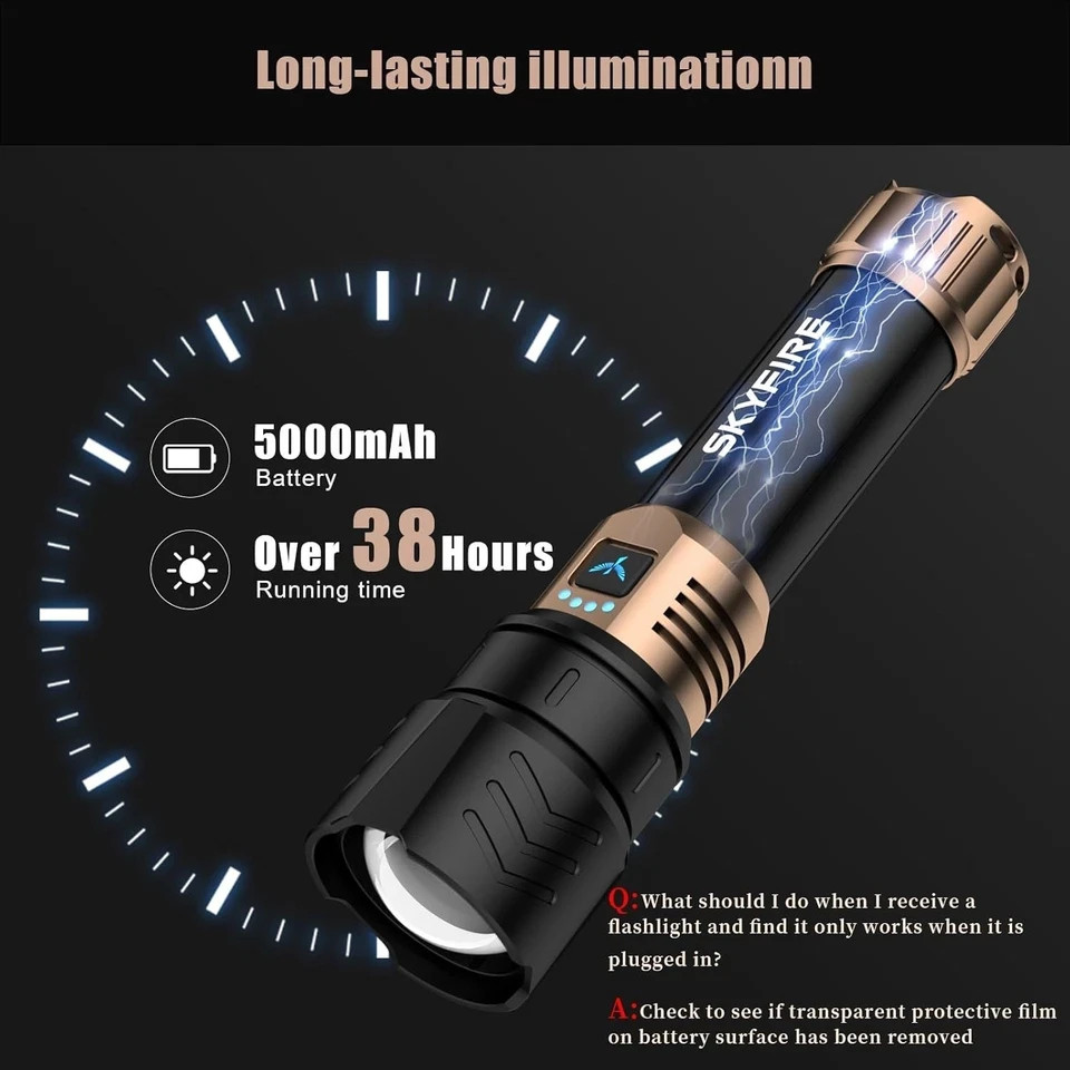SKYFIRE 1500000LM LED Flashlight Rechargeable Zoom Fire Starter Waterproof