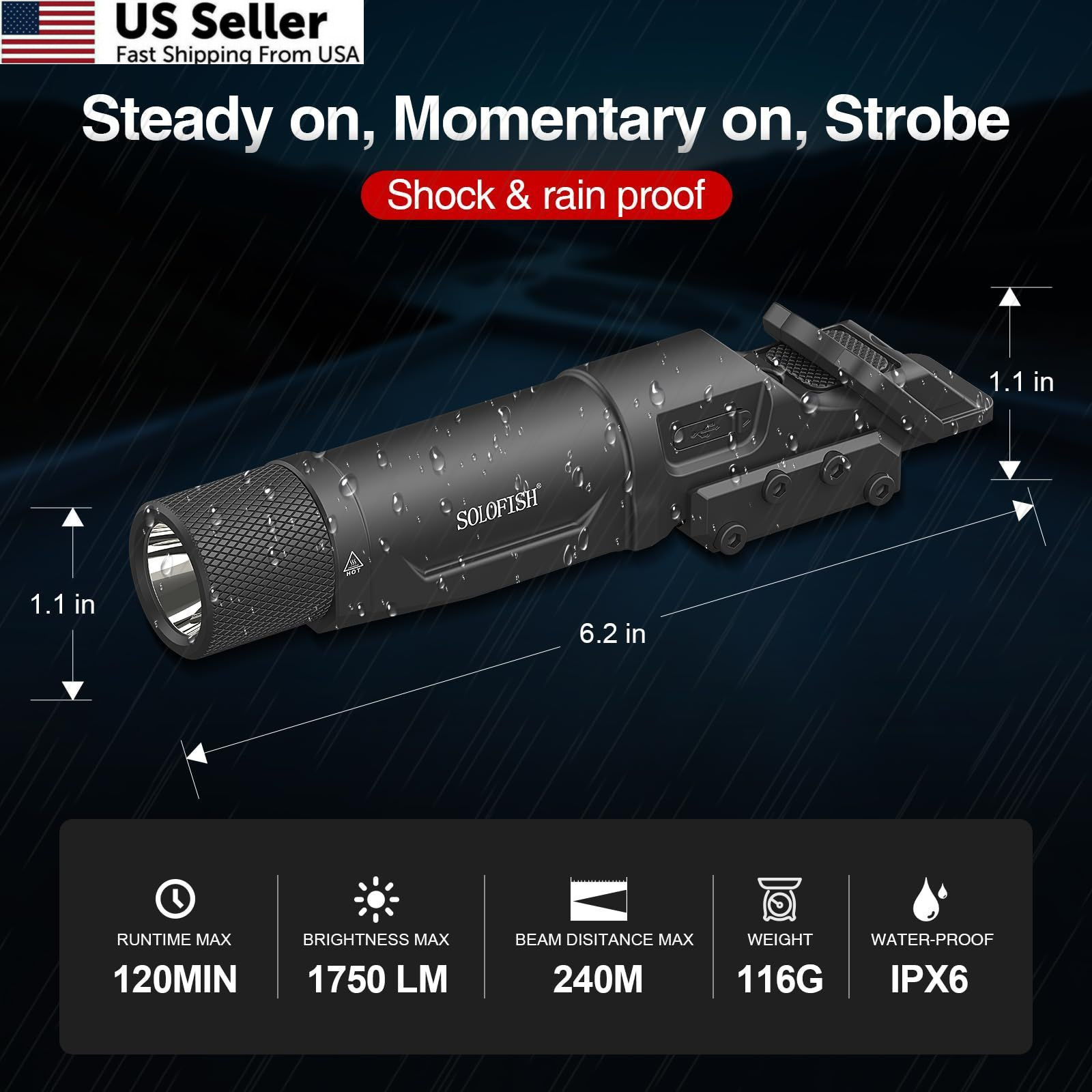 1750lm Tactical Rifle Weapon Light for Picatinny/Mlok with Strobe USA
