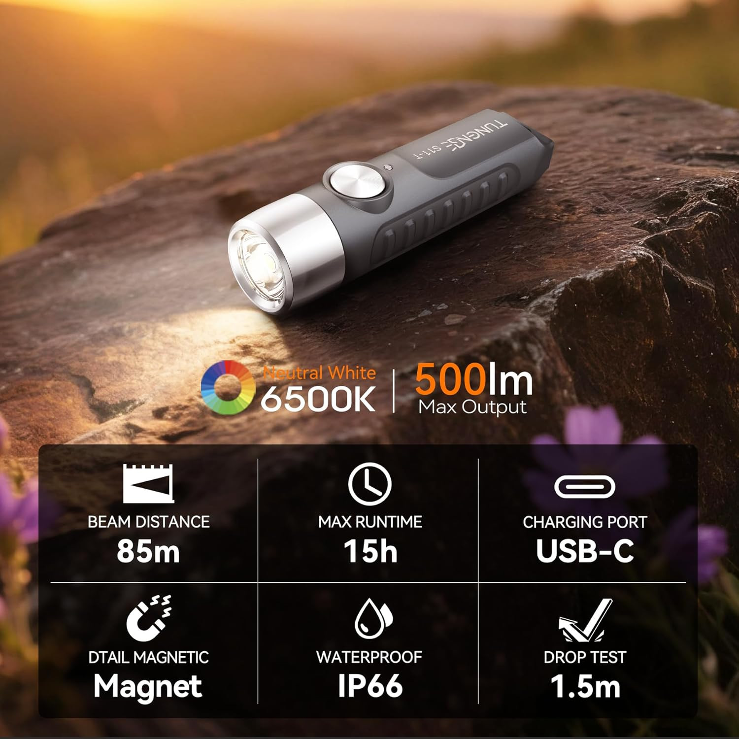 S11-T Rechargeable Keychain Flashlight, 500 High Lumens EDC Mini Flashlight with