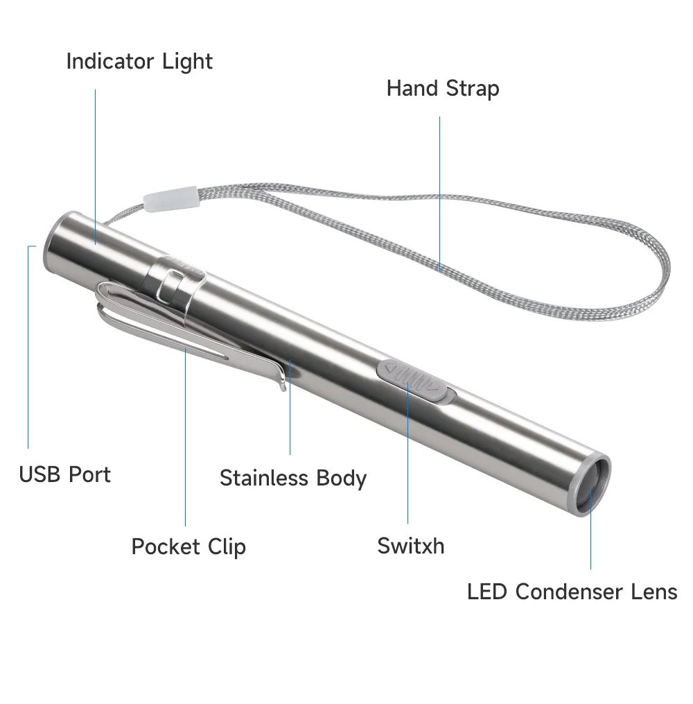 LED USB RECHARGEABLE MINI FLASHLIGHT Stainless Steel Pen Light 1000 Lumens