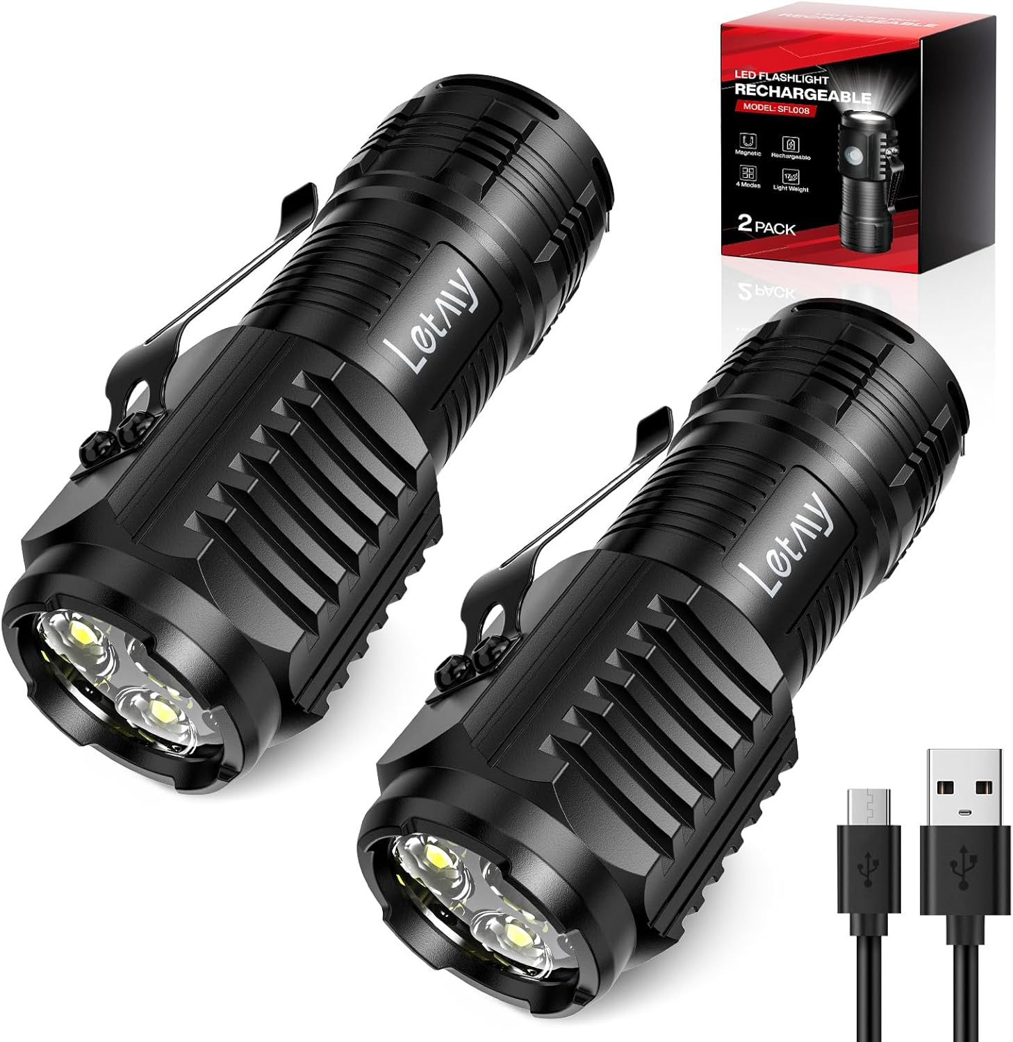Rechargeable Mini Flashlights with Magnetic Base, 2 Pack Bright 3 LED Flash Ligh