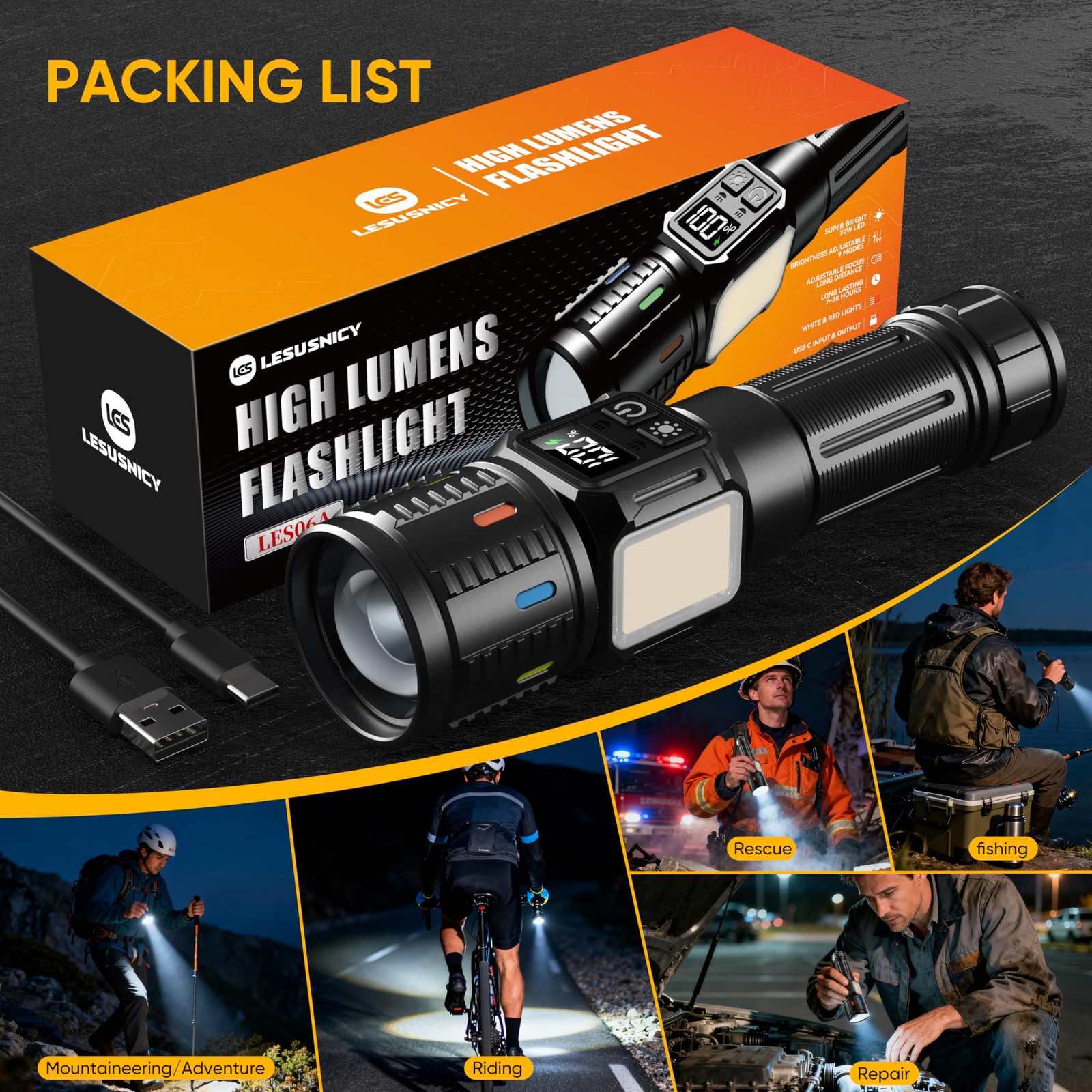 lesusnicy Rechargeable Flashlights High Lumens 10000, Super 1 Pack, Black
