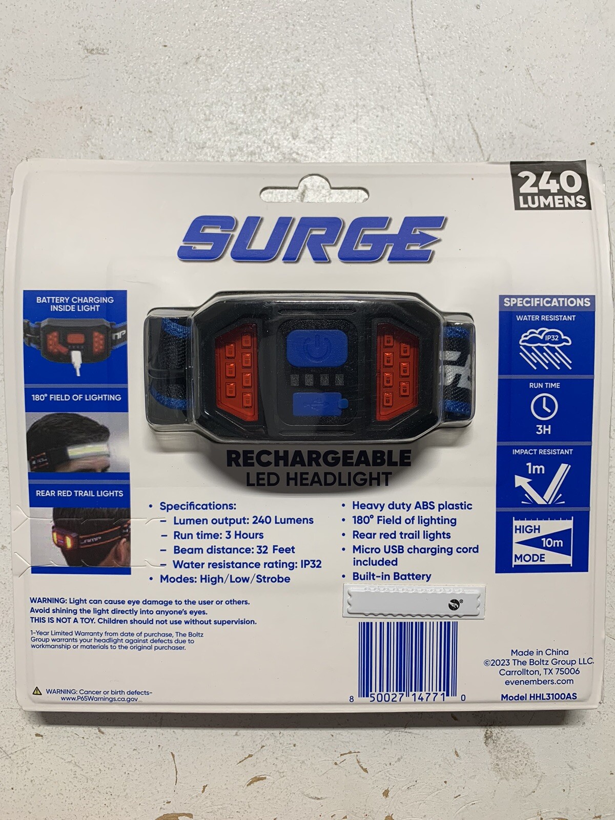 Surge 240 Lumen Rechargeable LED Headlamp, Water Resistant Adjustable HHL3100AS