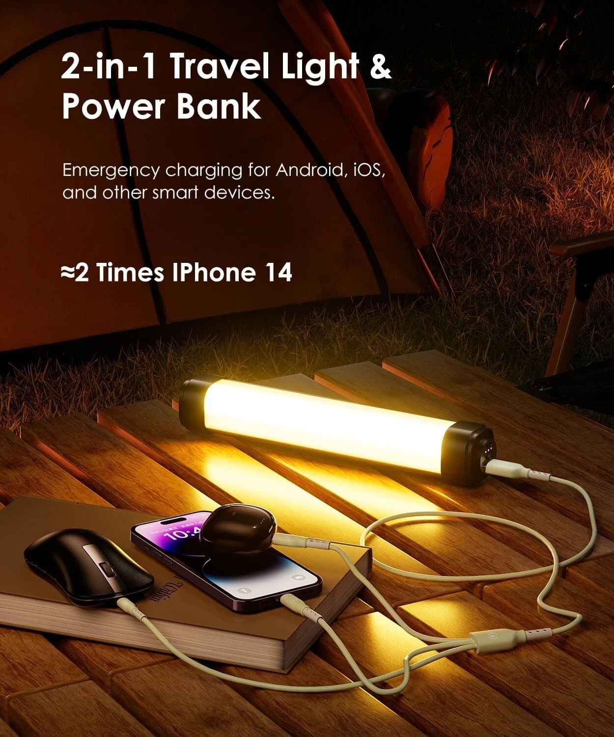 10050mAh Capacity Travel Light and Power Bank, Camping, Emergency Light