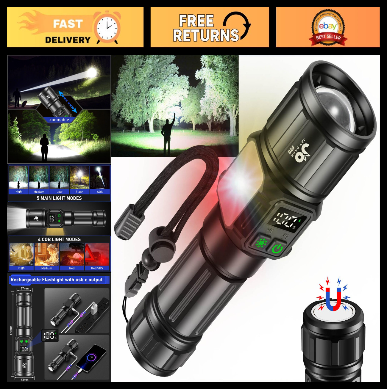 High Lumens Rechargeable Flashlight 100000 Lumen, Magnetic Tactical Light 9 Mode